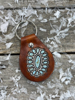 Oval Sleeping Beauty Stamped Turquoise Leather Key Fob