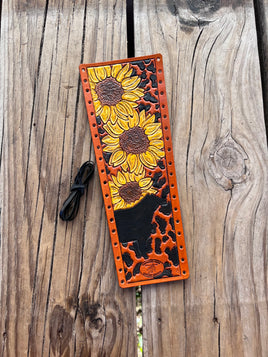 Hand Painted Sunflowers and Cow Silhouette Leather Show Stick Wrap