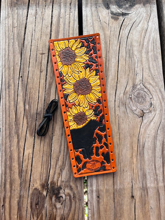 Hand Painted Sunflowers and Cow Silhouette Leather Show Stick Wrap