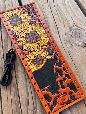 Hand Painted Sunflowers and Cow Silhouette Leather Show Stick Wrap