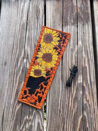 Hand Painted Sunflowers and Cow Silhouette Leather Show Stick Wrap