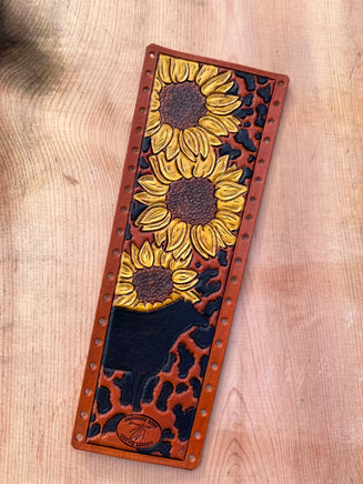 Hand Painted Sunflowers and Cow Silhouette Leather Show Stick Wrap