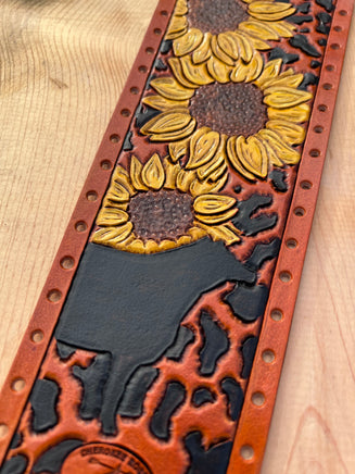 Hand Painted Sunflowers and Cow Silhouette Leather Show Stick Wrap
