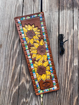 Sunflowers and Turquoise Border Leather Show Stick Wrap