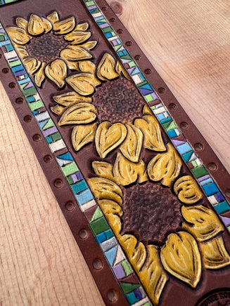 Sunflowers and Turquoise Border Leather Show Stick Wrap
