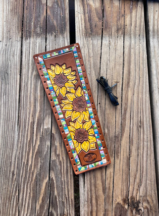 Sunflowers and Turquoise Border Leather Show Stick Wrap