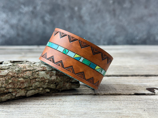 Painted Turquoise Line Leather Cuff