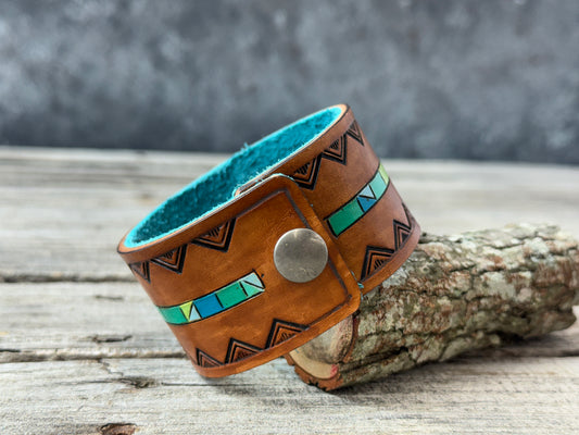 Painted Turquoise Line Leather Cuff