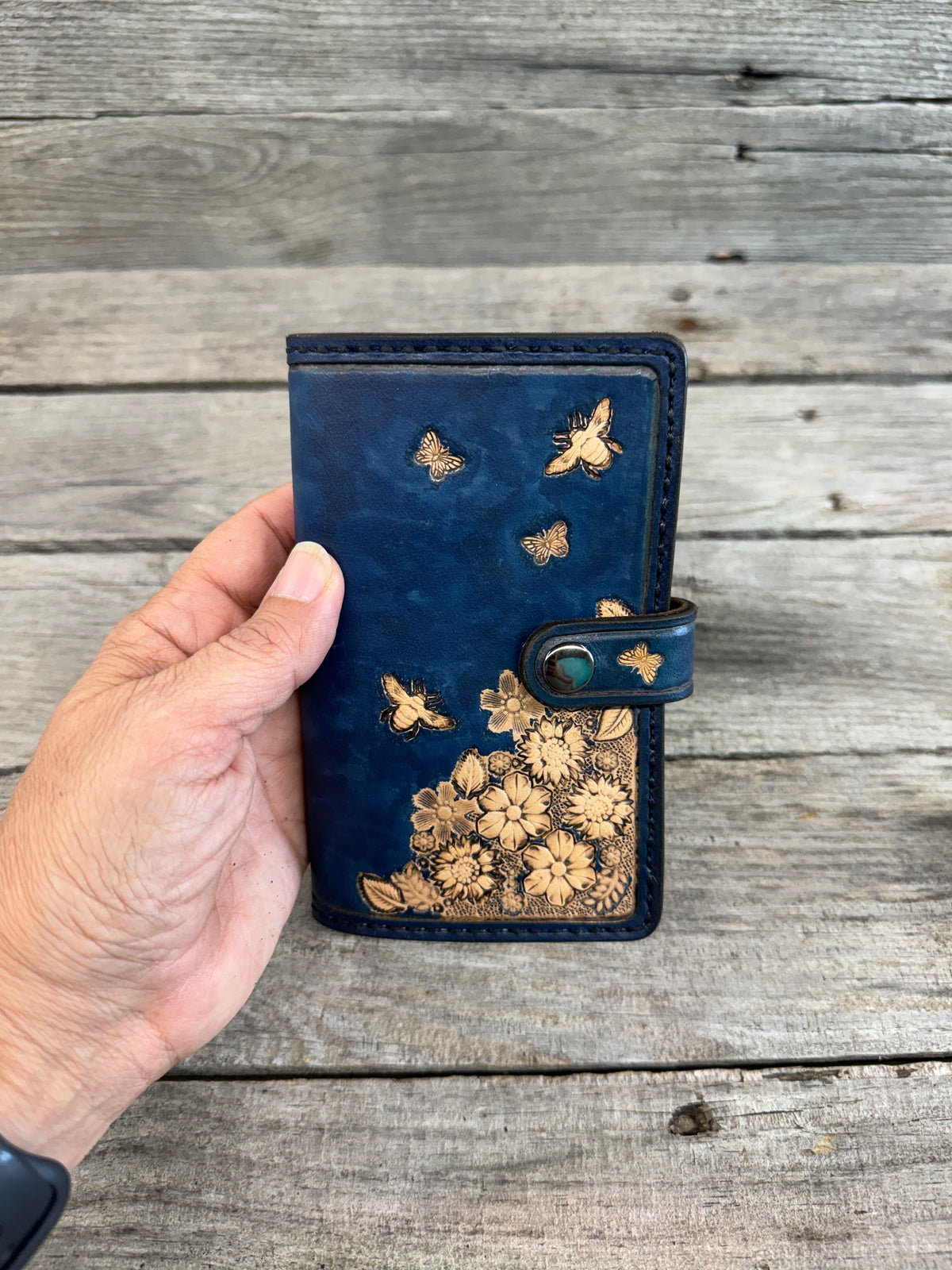 Hand Stamped Leather Memo Pad Holder – Bees, Butterflies & Flowers