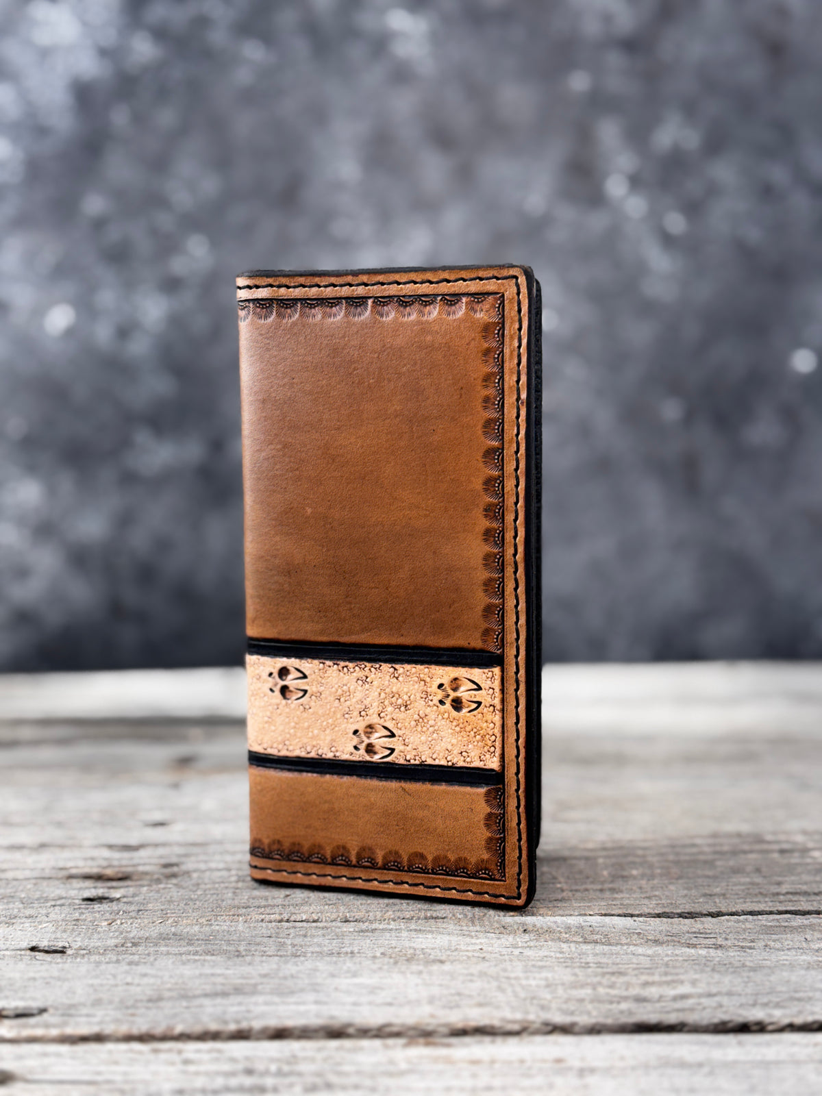 Hand Stamped Deer Track Leather Roper Wallet – Light Brown & Black
