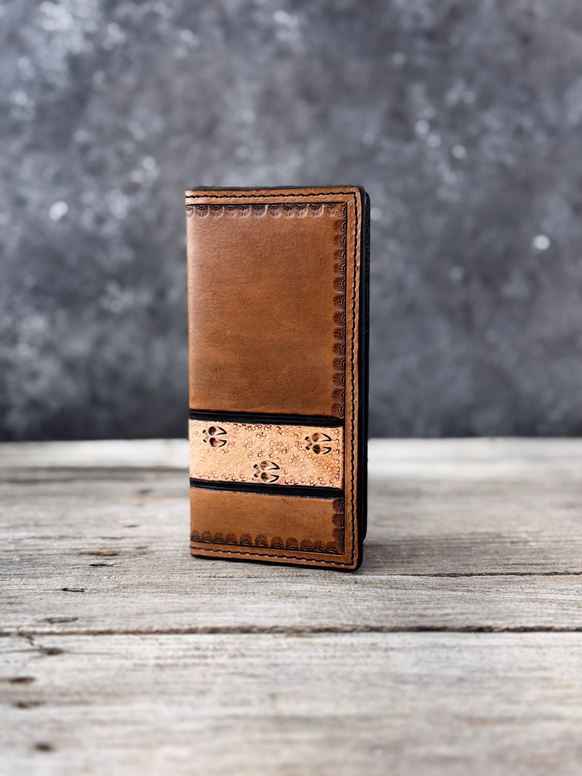 Hand Stamped Deer Track Leather Roper Wallet – Light Brown & Black