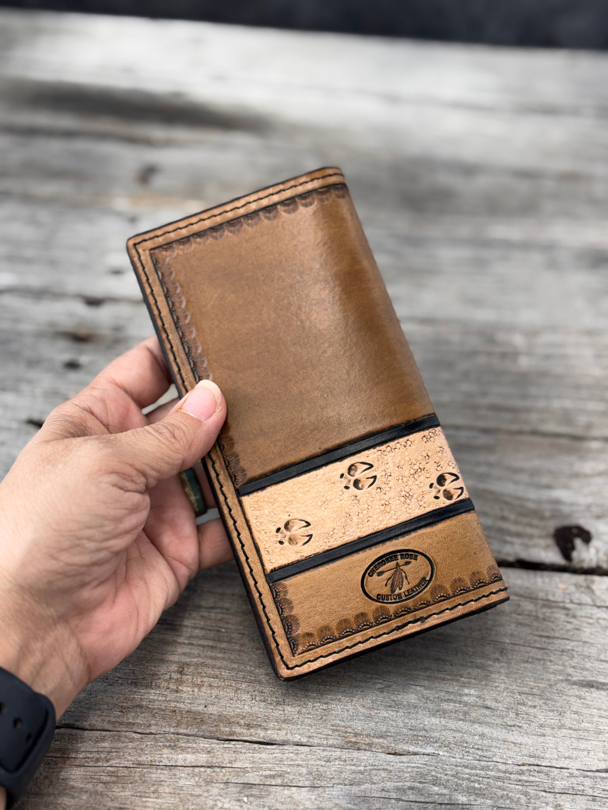 Hand Stamped Deer Track Leather Roper Wallet – Light Brown & Black