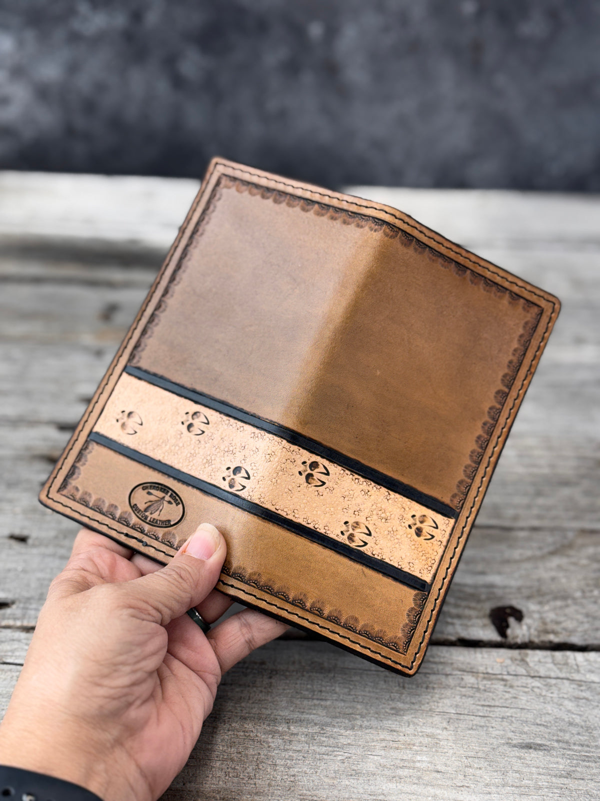 Hand Stamped Deer Track Leather Roper Wallet – Light Brown & Black