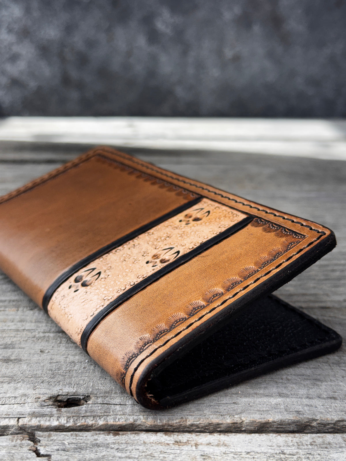 Hand Stamped Deer Track Leather Roper Wallet – Light Brown & Black