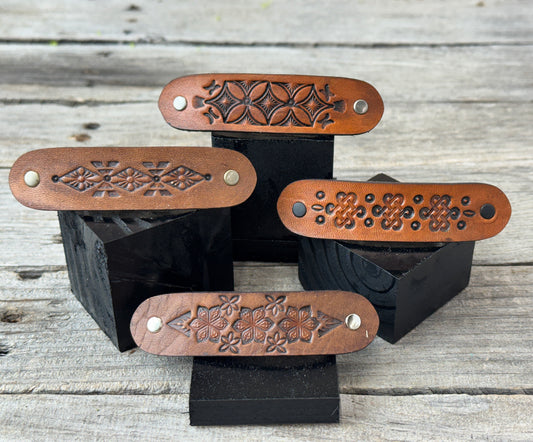 Hand Stamped Leather Hair Barrettes