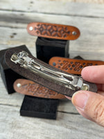 Hand Stamped Leather Hair Barrettes
