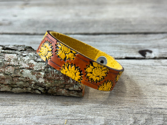 Hand Stamped Sunflower Narrow Cuff