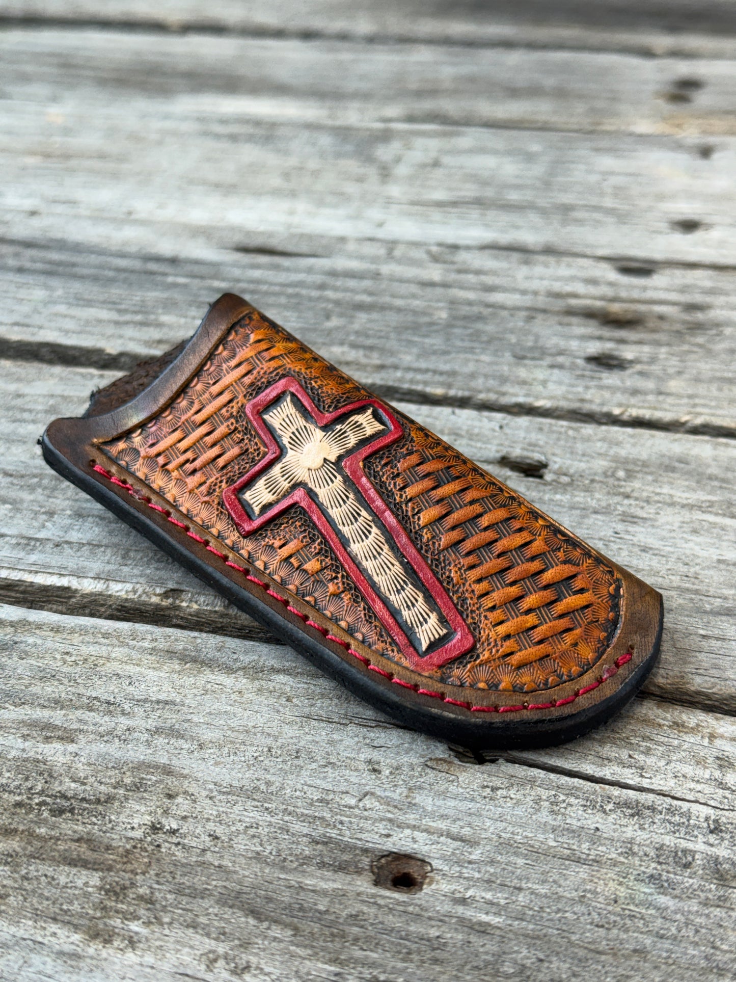 Hand Carved Cross Leather Knife Sheath | Vertical EDC Pocket Knife Sheath
