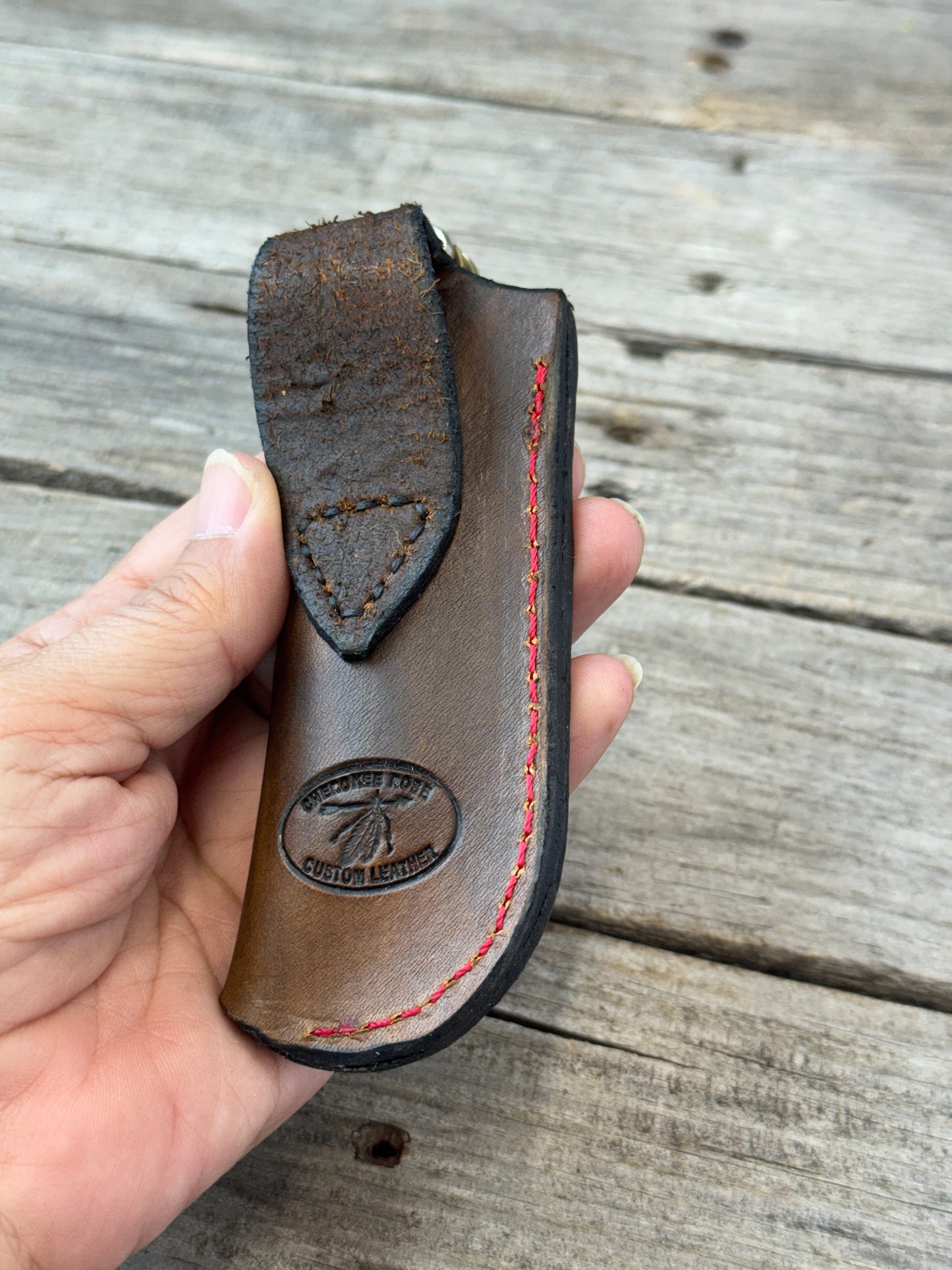 Hand Carved Cross Leather Knife Sheath | Vertical EDC Pocket Knife Sheath