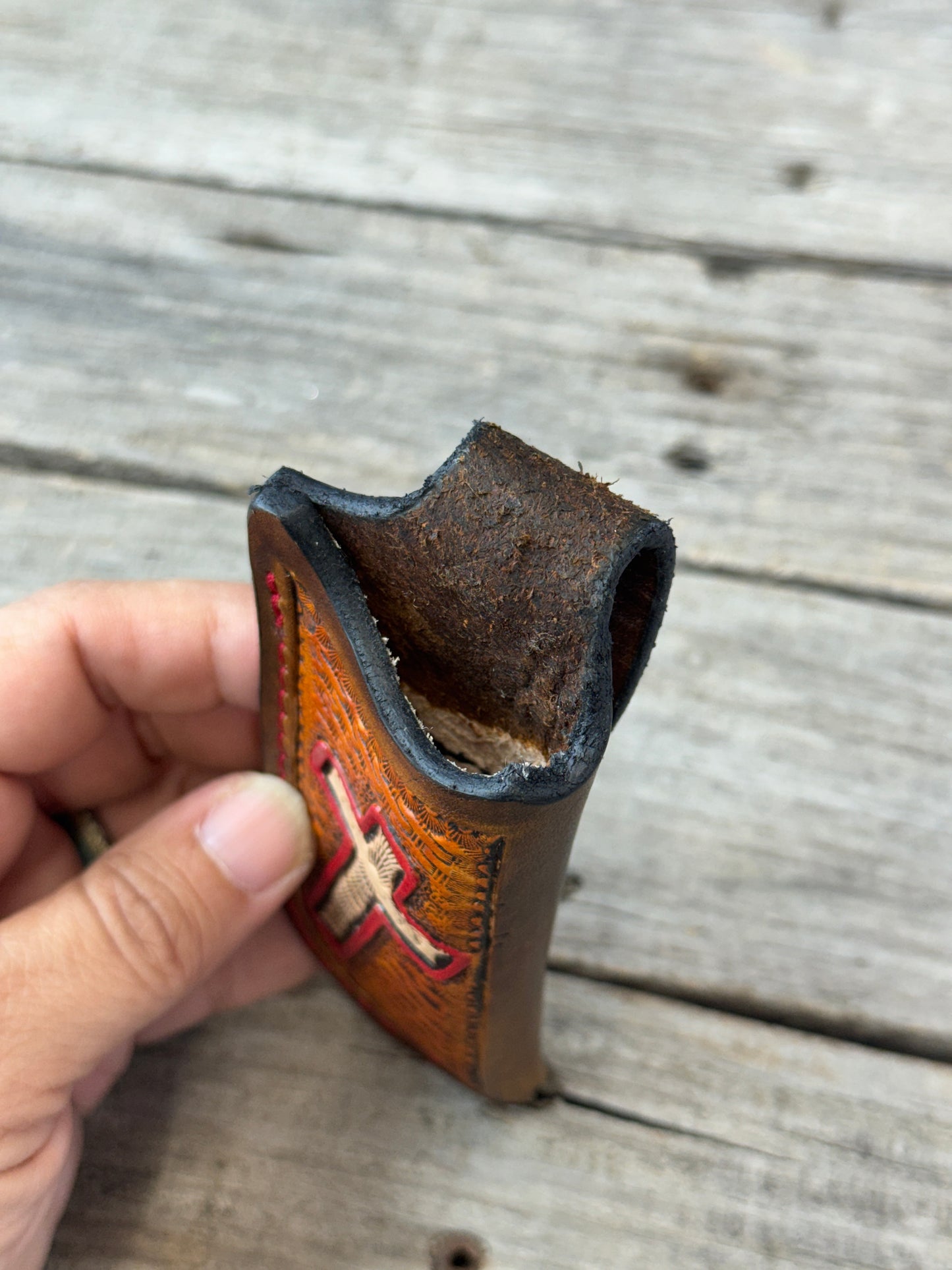 Hand Carved Cross Leather Knife Sheath | Vertical EDC Pocket Knife Sheath