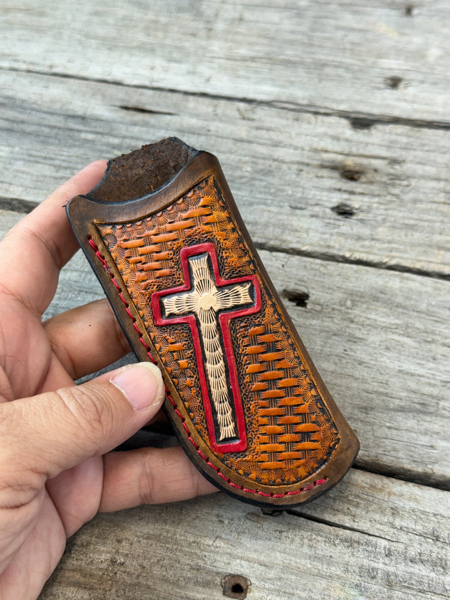 Hand Carved Cross Leather Knife Sheath | Vertical EDC Pocket Knife Sheath