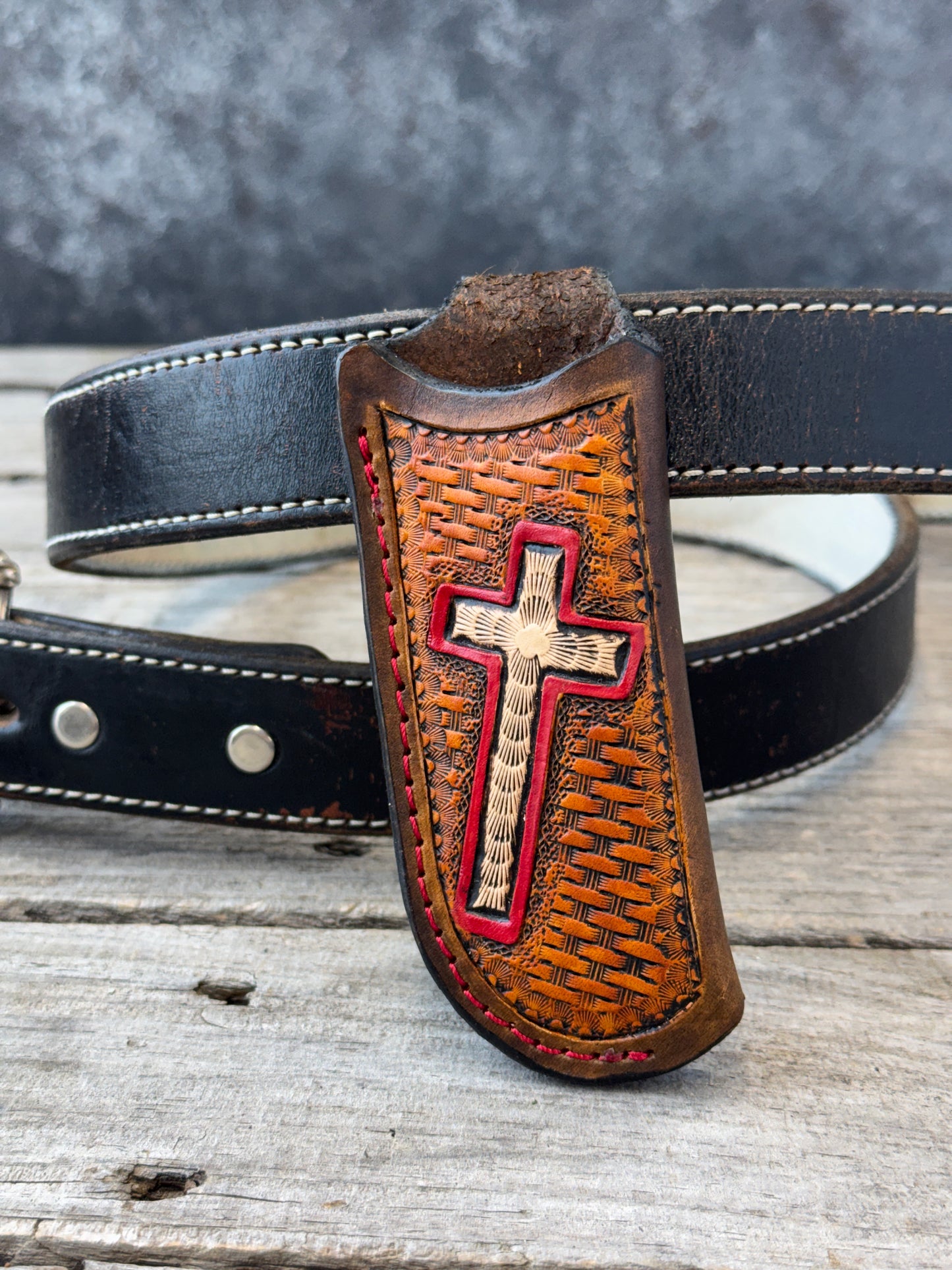 Hand Carved Cross Leather Knife Sheath | Vertical EDC Pocket Knife Sheath