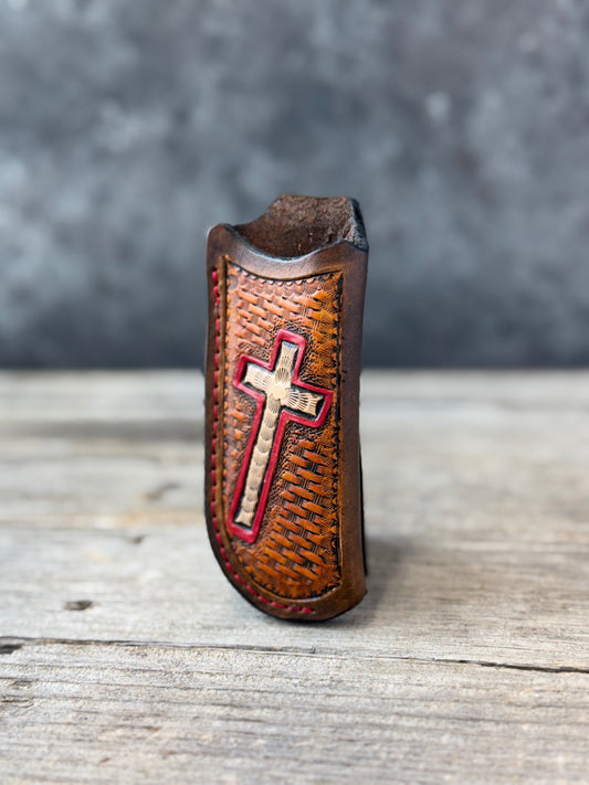 Hand Carved Cross Leather Knife Sheath | Vertical EDC Pocket Knife Sheath