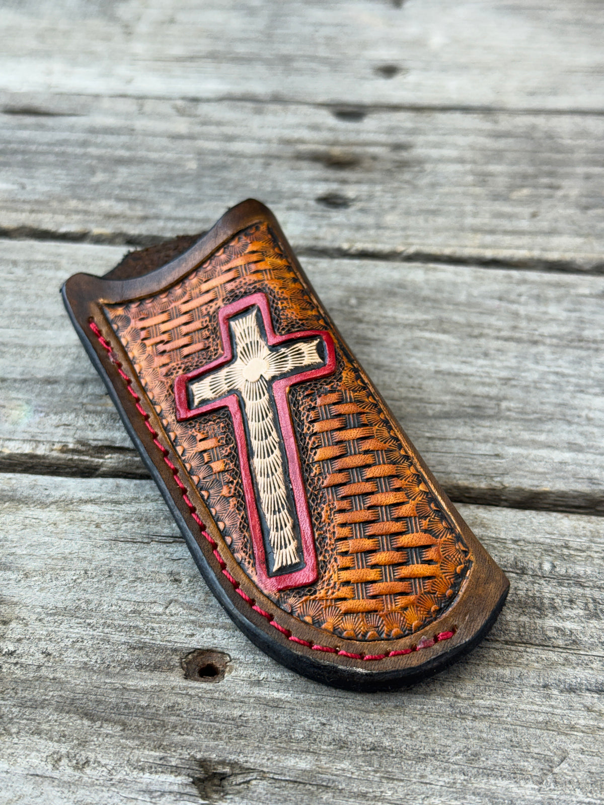 Hand Carved Cross Leather Knife Sheath | Vertical EDC Pocket Knife Sheath