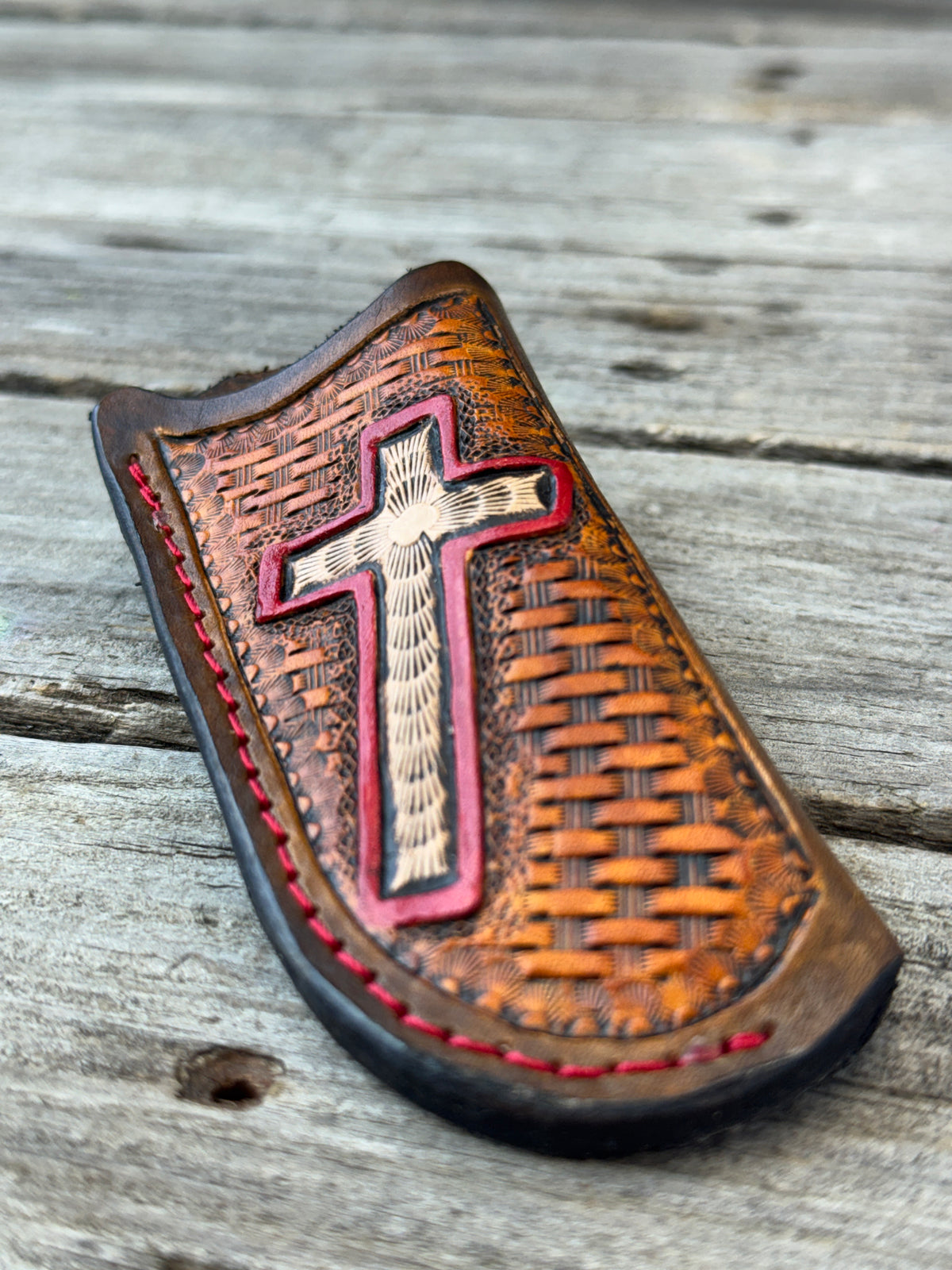 Hand Carved Cross Leather Knife Sheath | Vertical EDC Pocket Knife Sheath