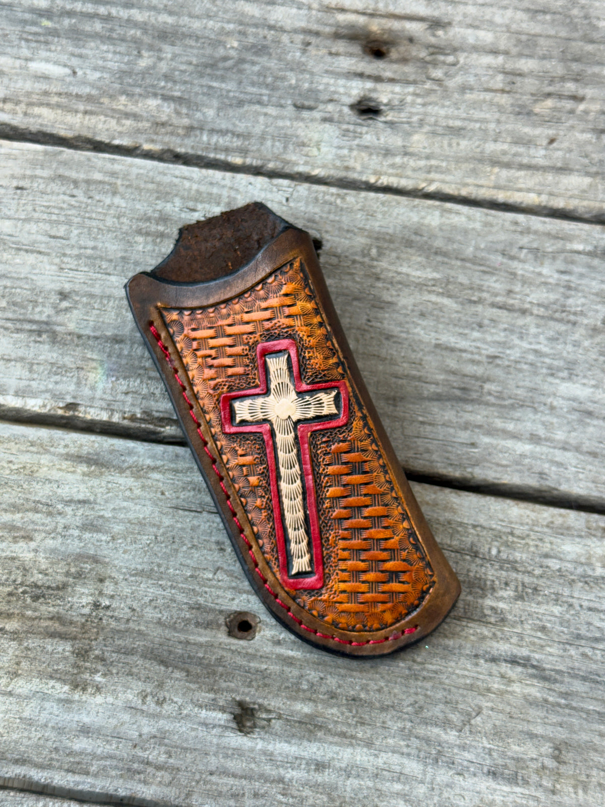 Hand Carved Cross Leather Knife Sheath | Vertical EDC Pocket Knife Sheath
