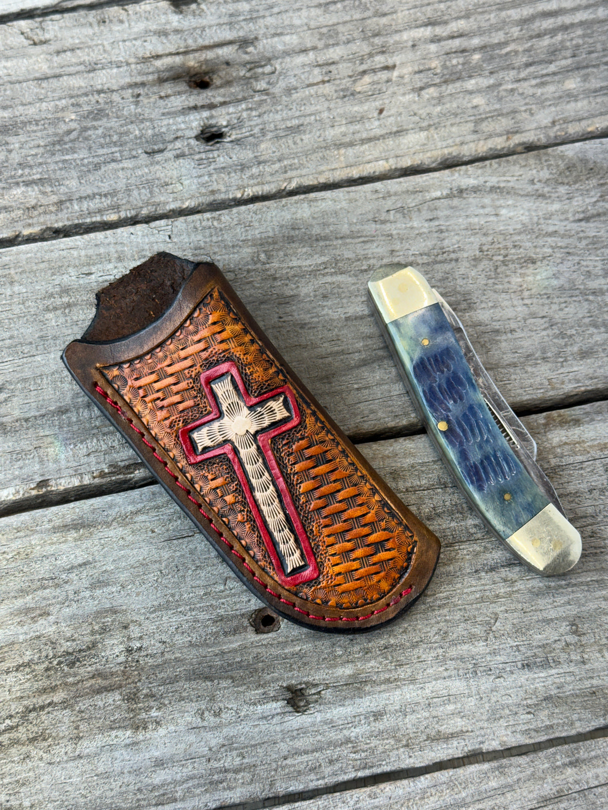 Hand Carved Cross Leather Knife Sheath | Vertical EDC Pocket Knife Sheath