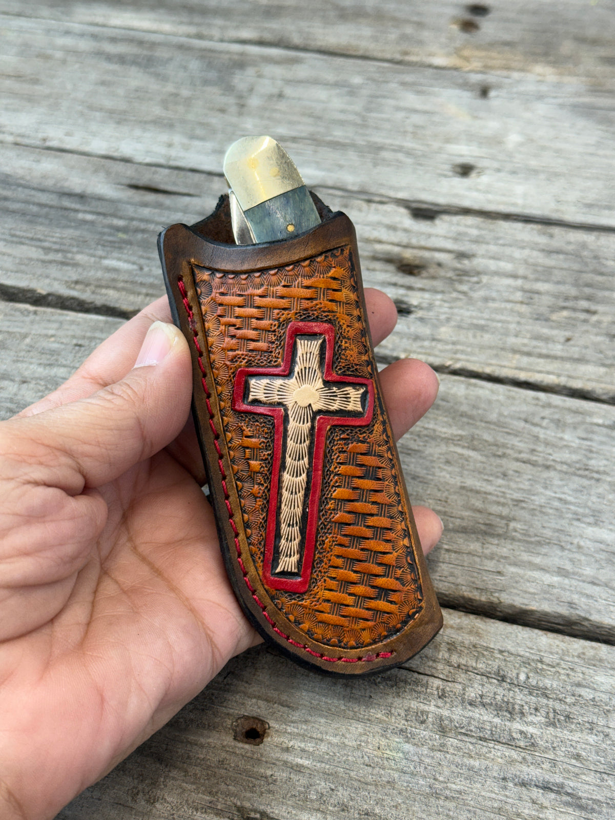 Hand Carved Cross Leather Knife Sheath | Vertical EDC Pocket Knife Sheath