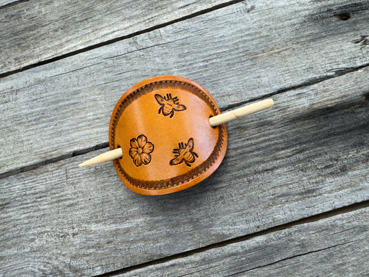Honey bee and flower hand stamped leather hair barrette with bamboo hair stick.