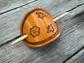 Honey bee and flower hand stamped leather hair barrette with bamboo hair stick.