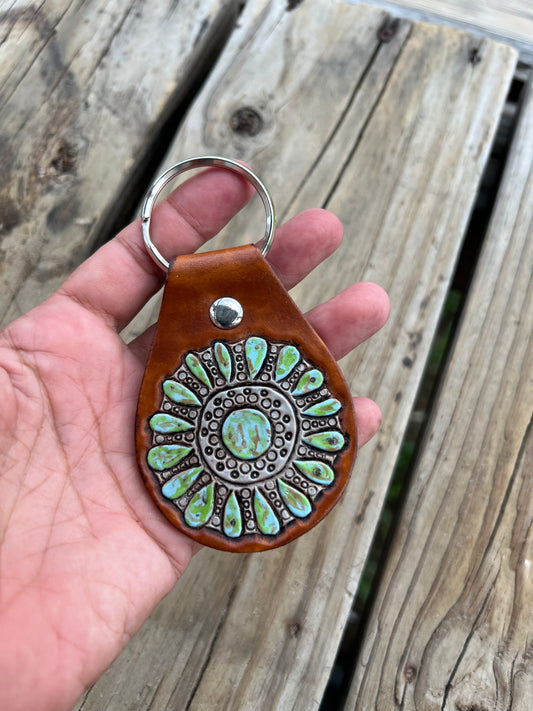 Custom Order Large Round Carico Lake Stamped Turquoise Leather Key Fob