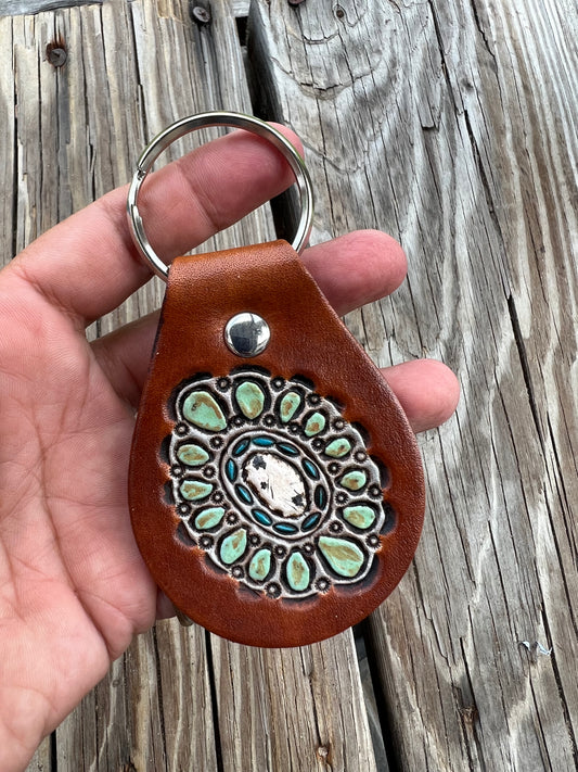 Custom Order Hand Painted Buffalo Turquoise Leather Key Fob