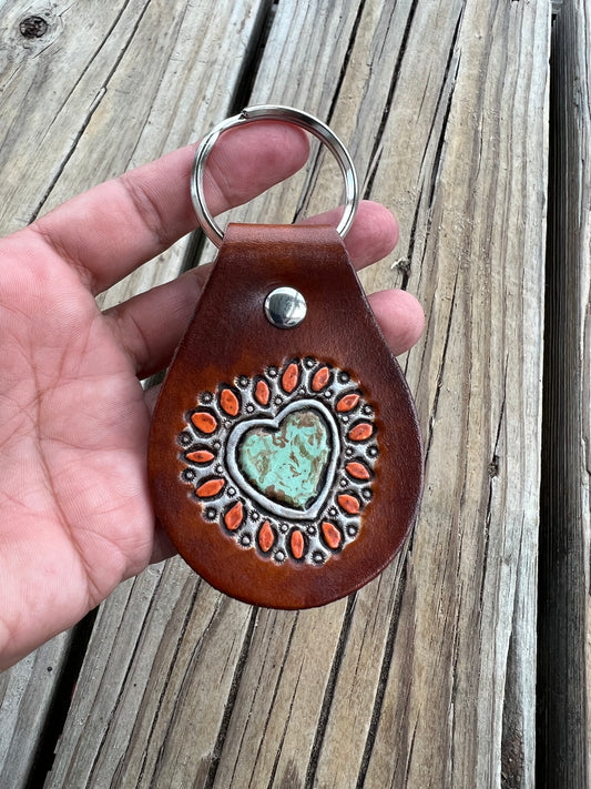Custom Order Heart Style Painted Turquoise Leather Key Fob