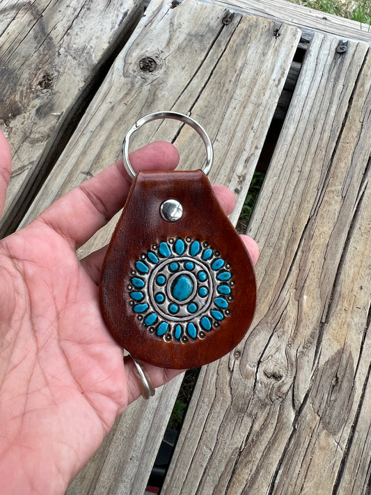 Custom Order Painted Round Concho Turquoise Leather Key Fob