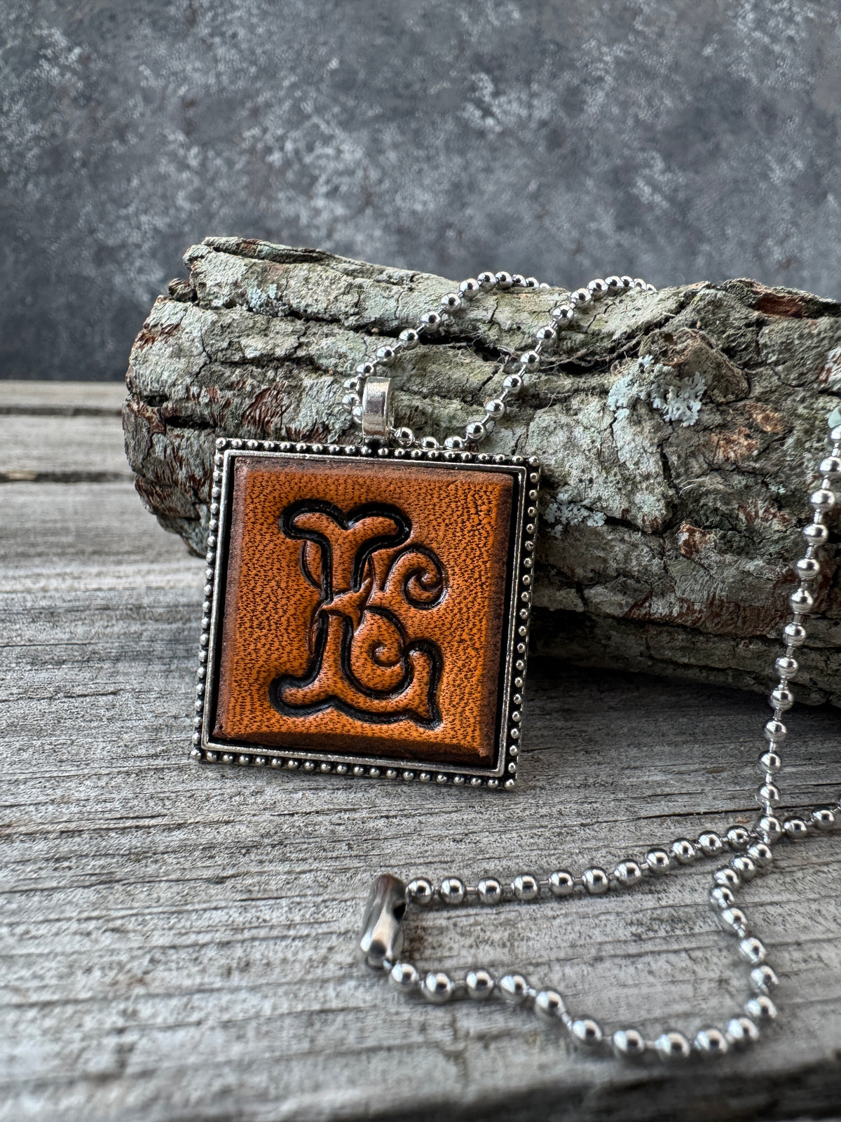 Floral Script Letter L leather pendant necklace with stainless steel ball chain
