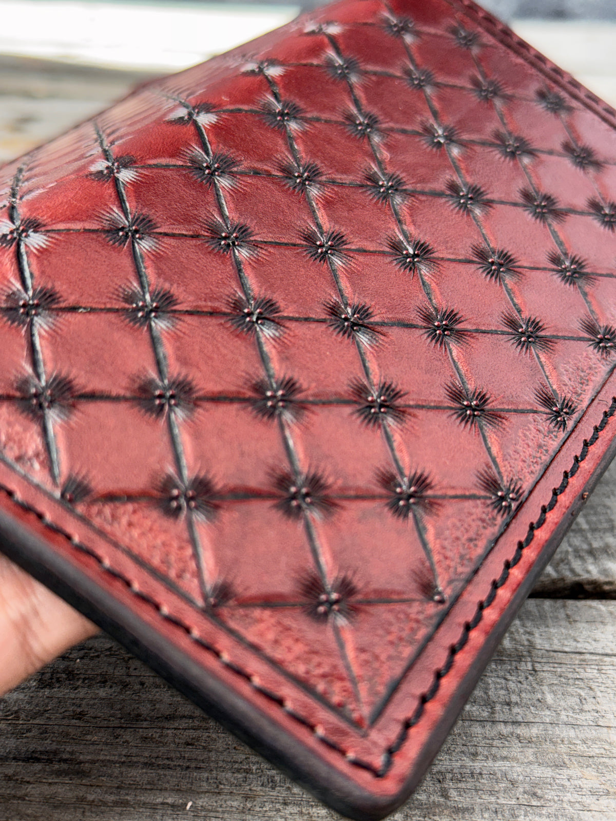 Hand Cut Crosshatch Leather Roper Wallet – Bordeaux