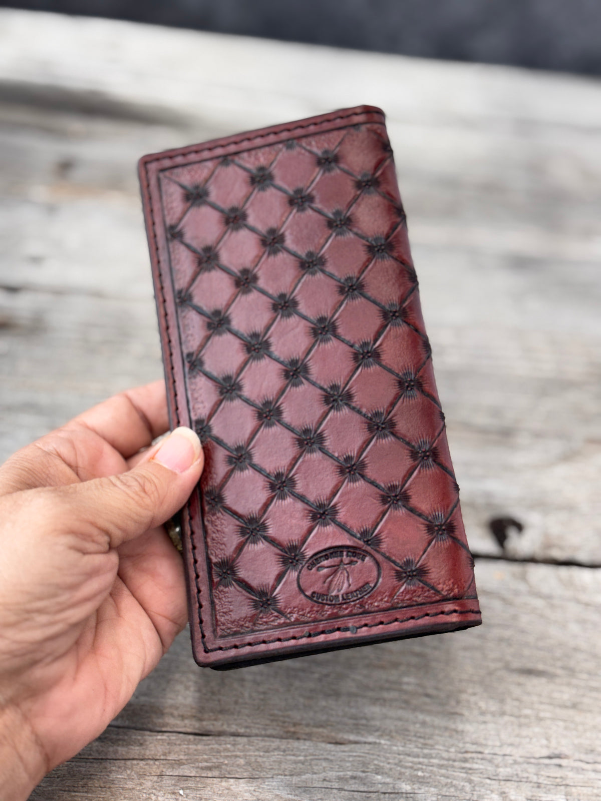 Hand Cut Crosshatch Leather Roper Wallet – Bordeaux