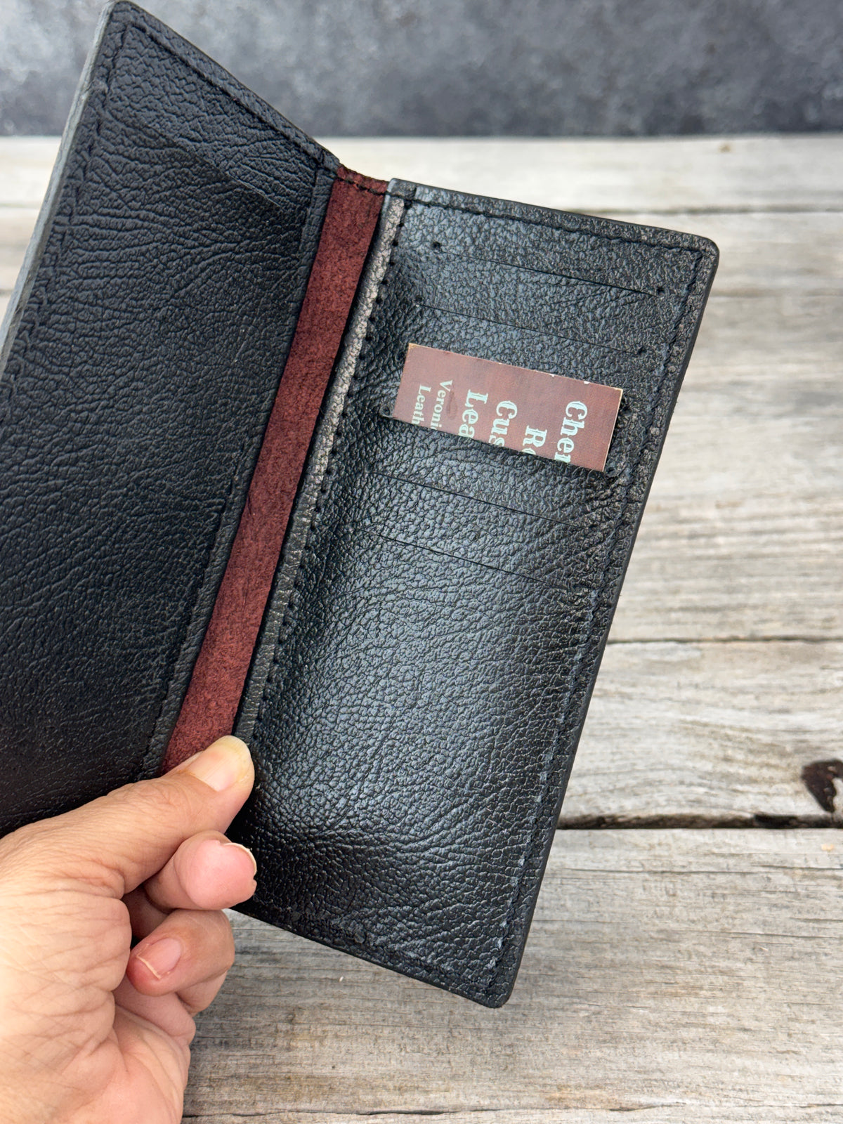 Hand Cut Crosshatch Leather Roper Wallet – Bordeaux