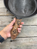 Leather Cast Iron Skillet Handle Cover – Floral & Scroll Design