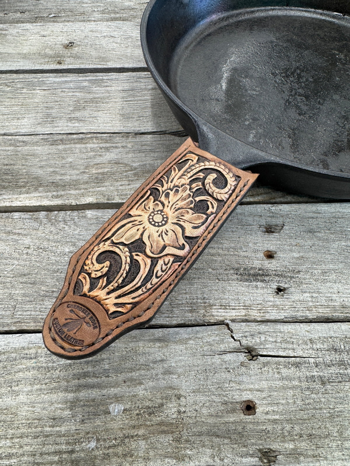 Leather Cast Iron Skillet Handle Cover – Floral & Scroll Design