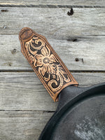 Leather Cast Iron Skillet Handle Cover – Floral & Scroll Design