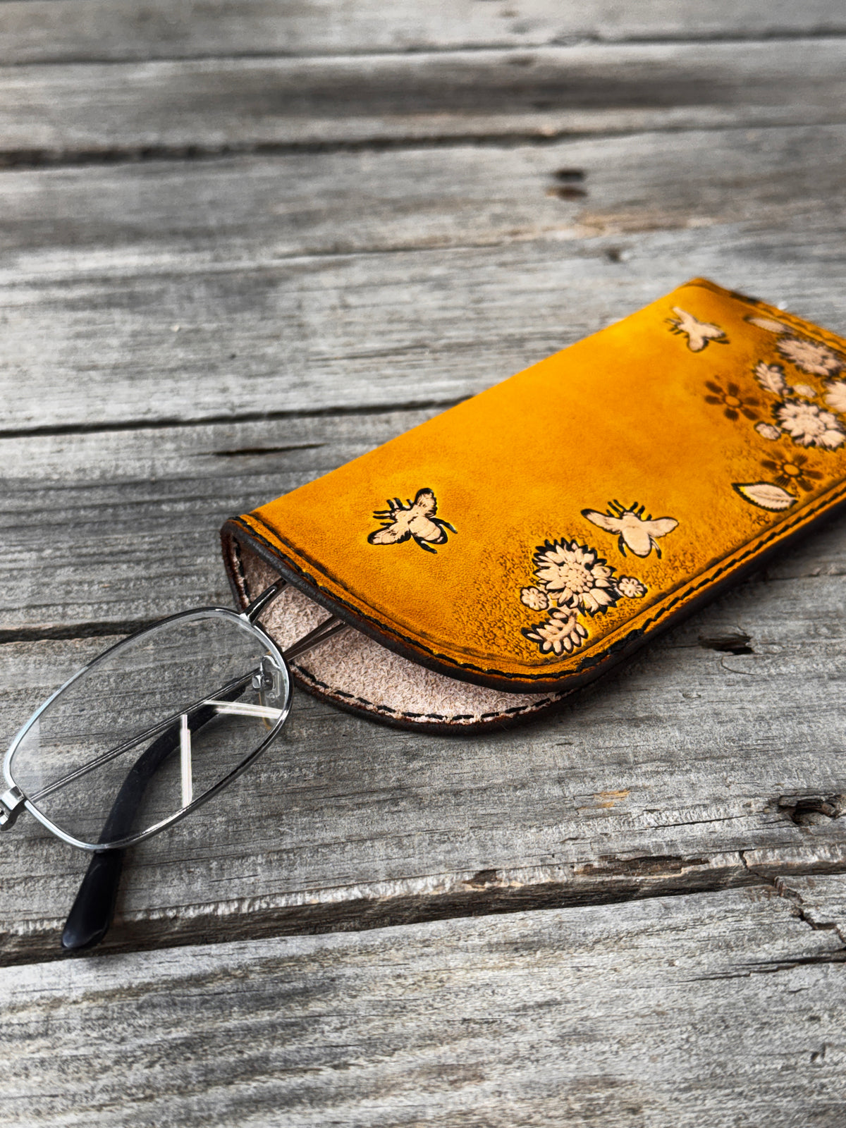 Yellow Honey Bee & Floral Leather Eyeglass Case