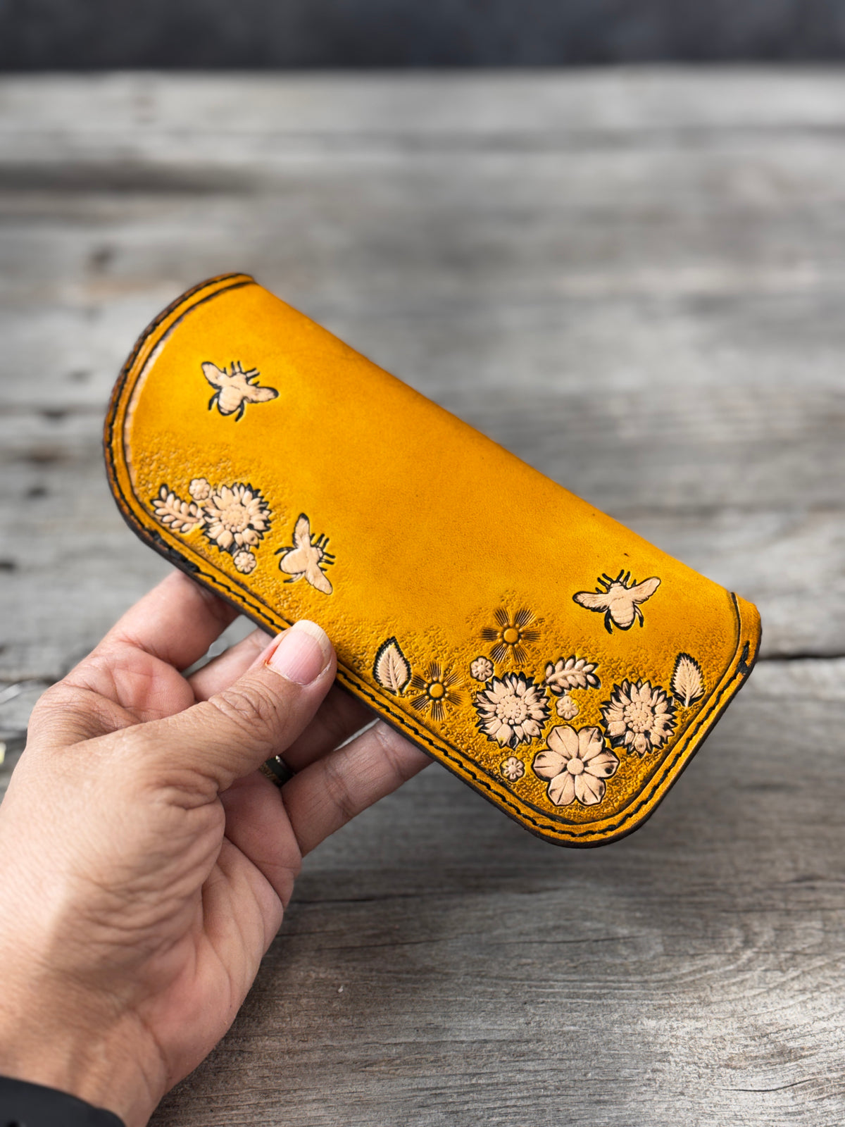 Yellow Honey Bee & Floral Leather Eyeglass Case