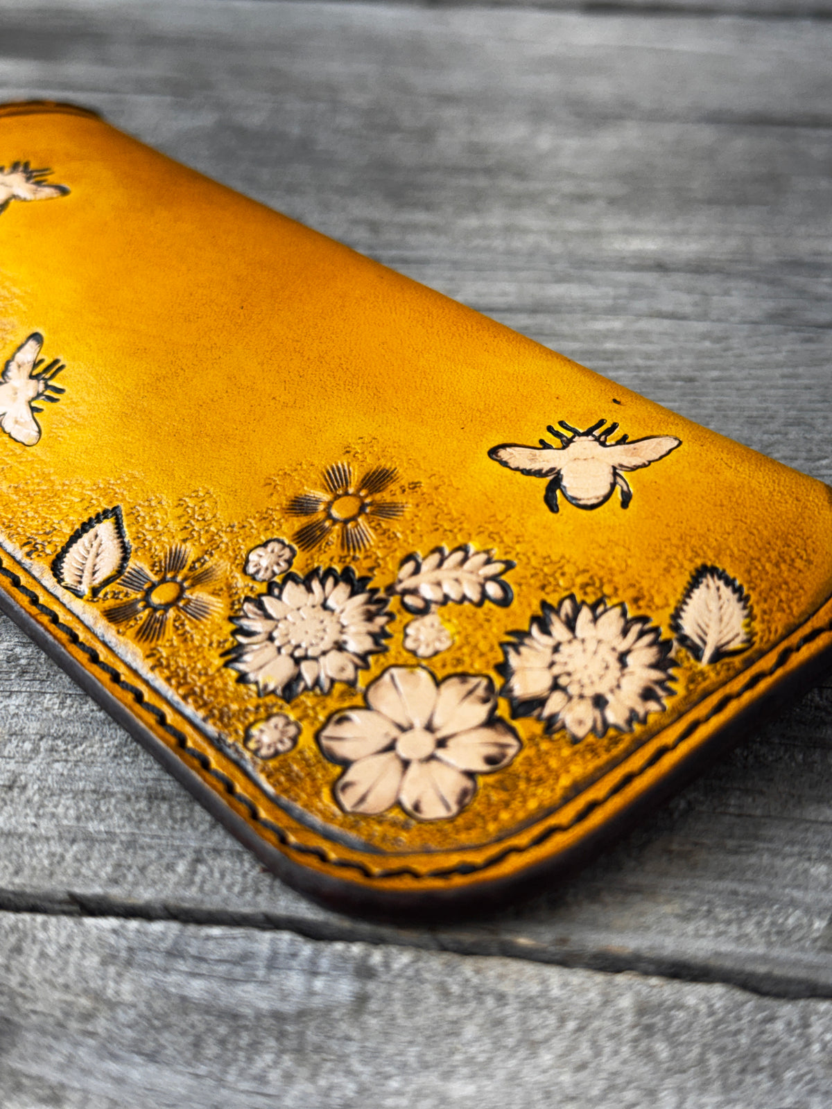 Yellow Honey Bee & Floral Leather Eyeglass Case