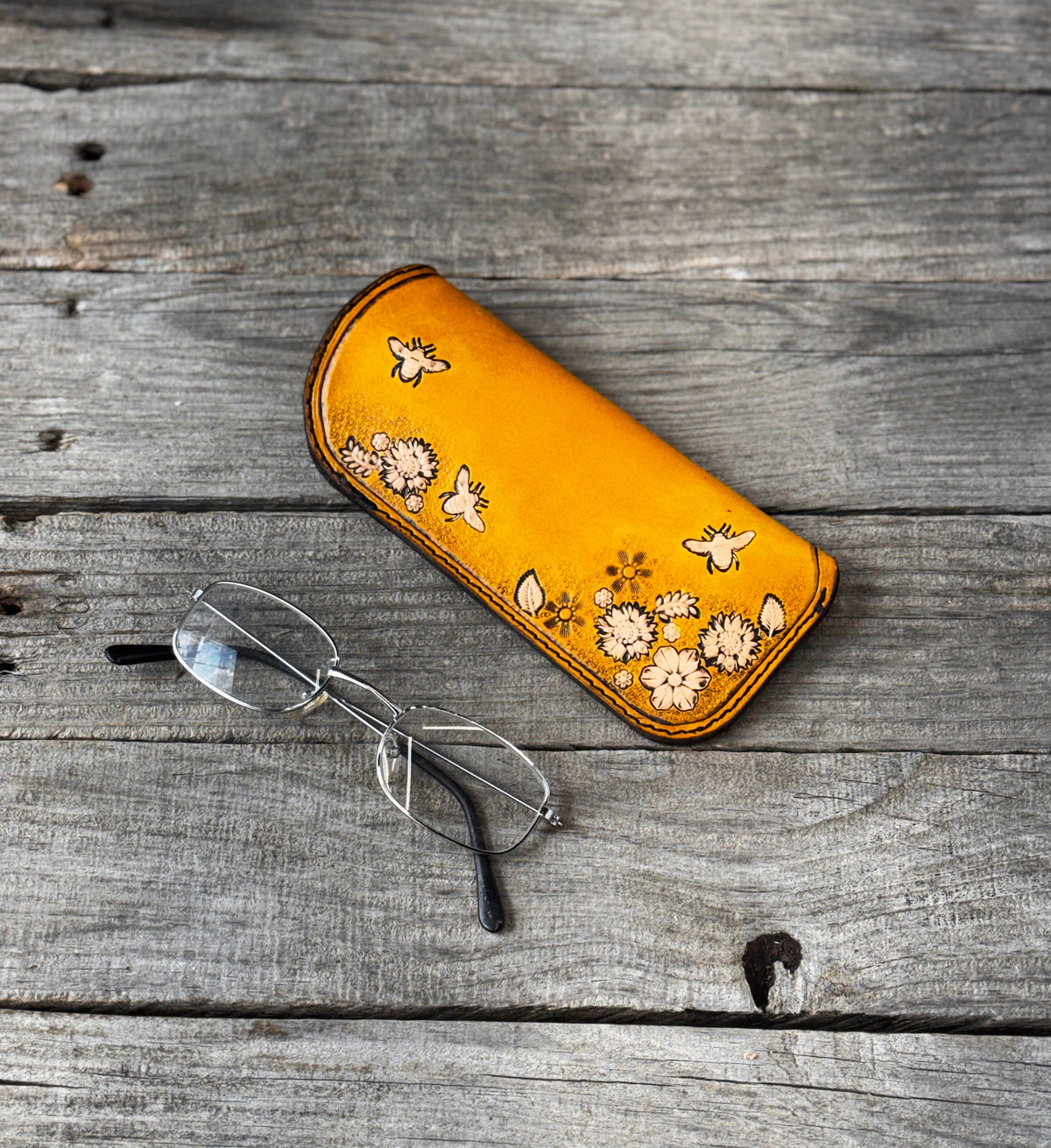 Yellow Honey Bee & Floral Leather Eyeglass Case