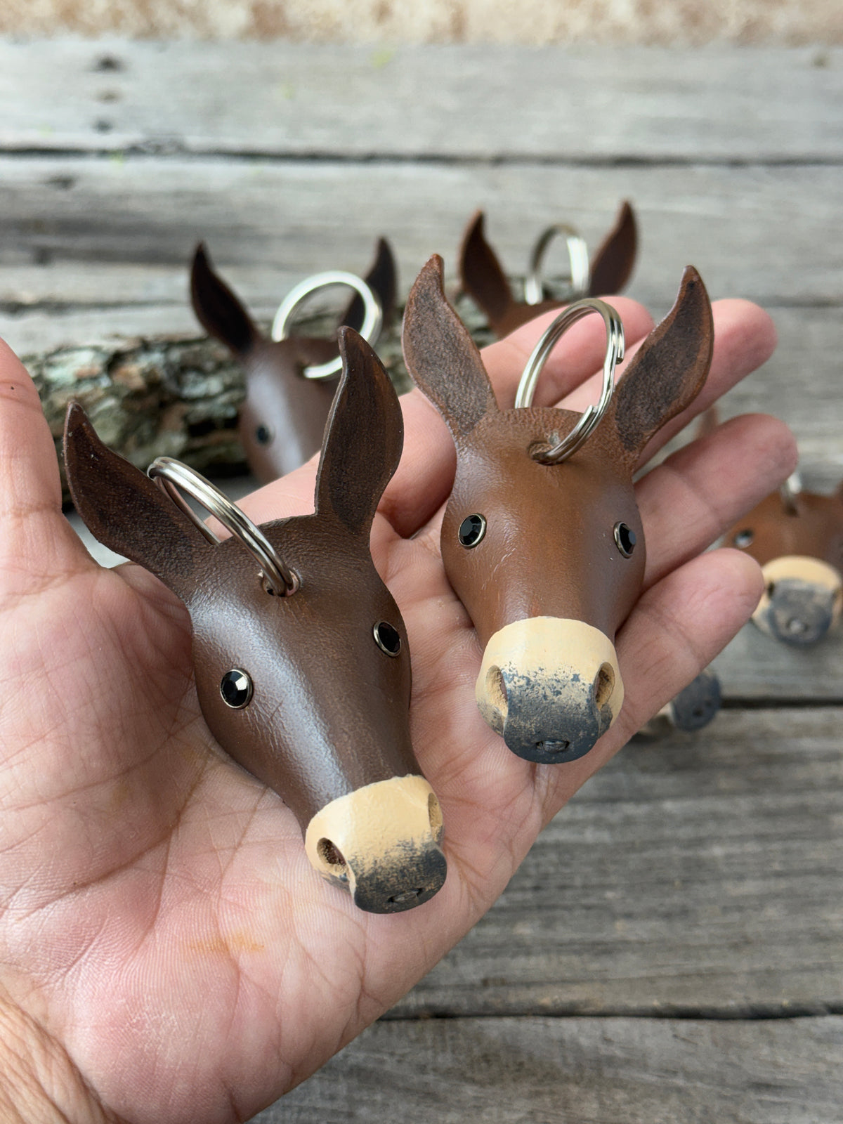 Hand Painted Longear Mule Head Leather Keychain